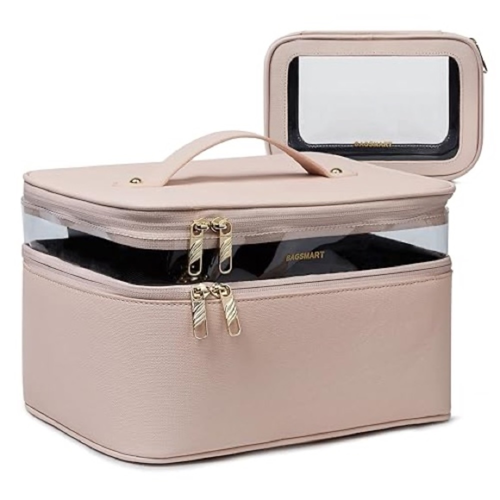 BAGSMART Pink Travel Makeup Bag Large Cosmetic Organizer TSA Case